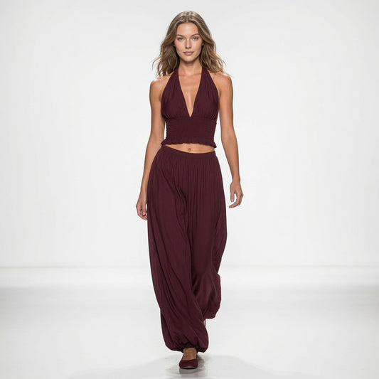 Conjunto Elegante Casual Estilo Boho Cuello Halter y Aventuras Pantalones Holgados Cintura Elástica Moda Mujer En Tendencia