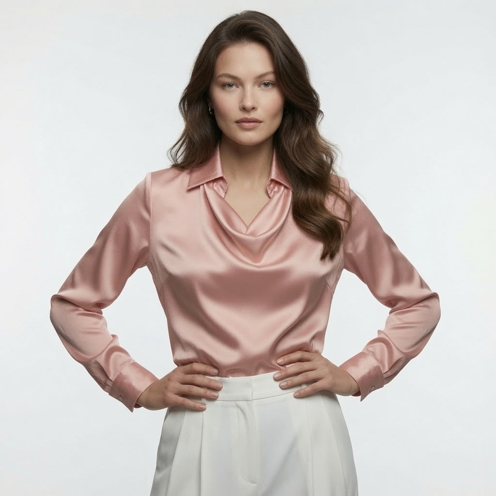 Blusa Elegante De Satén Con Cuello V Manga Larga Moda Mujer En Tendencia 2 Tonos Mas