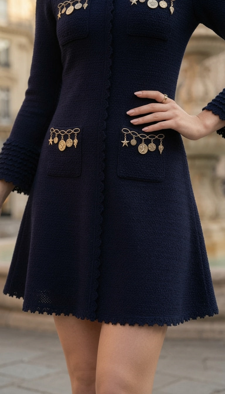 Vestido Elegante Midi De Punto Cuello Solapa, Manga Larga Moda Mujer En Tendencia