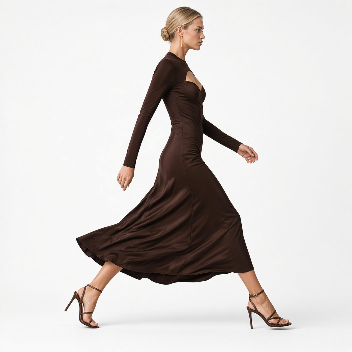 Elegante Vestido Maxi Largo Casual Formal Cuello Alto Manga Larga Moda Mujer En Tendencia