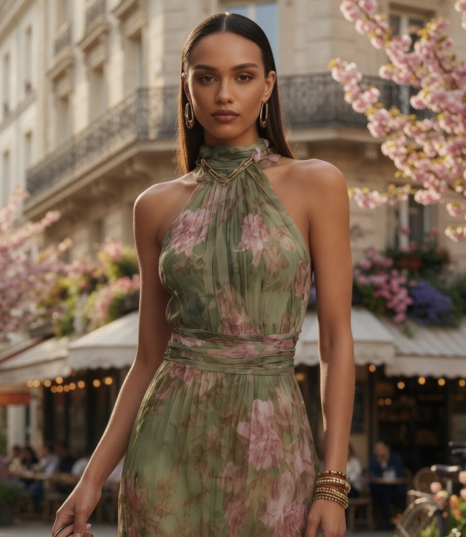 Vestido largo De Gasa Verde Con Escote Halter Moda En Tendencia
