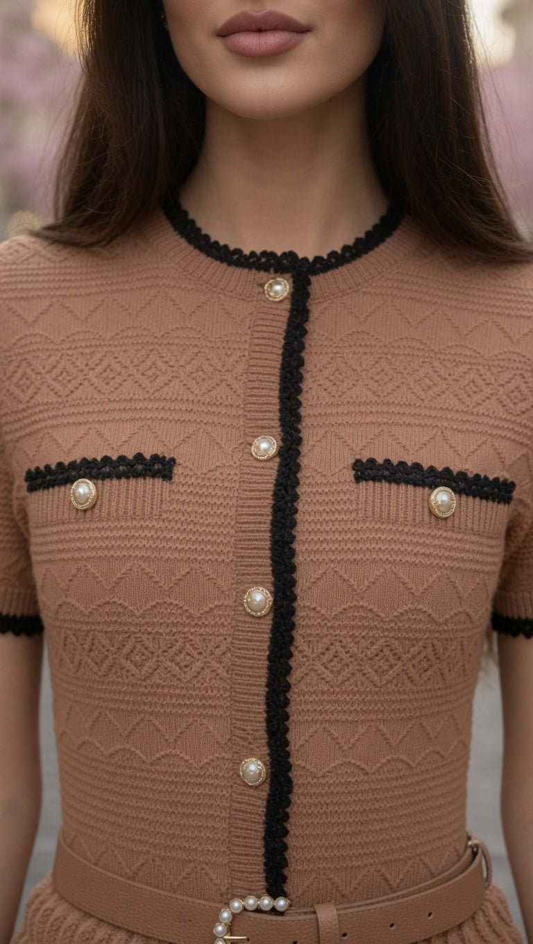 Vestido Elegante Midi  De Punto De Cintura Alta Con Bordado De Gancho En La Cintura Moda Mujer En tendencia.