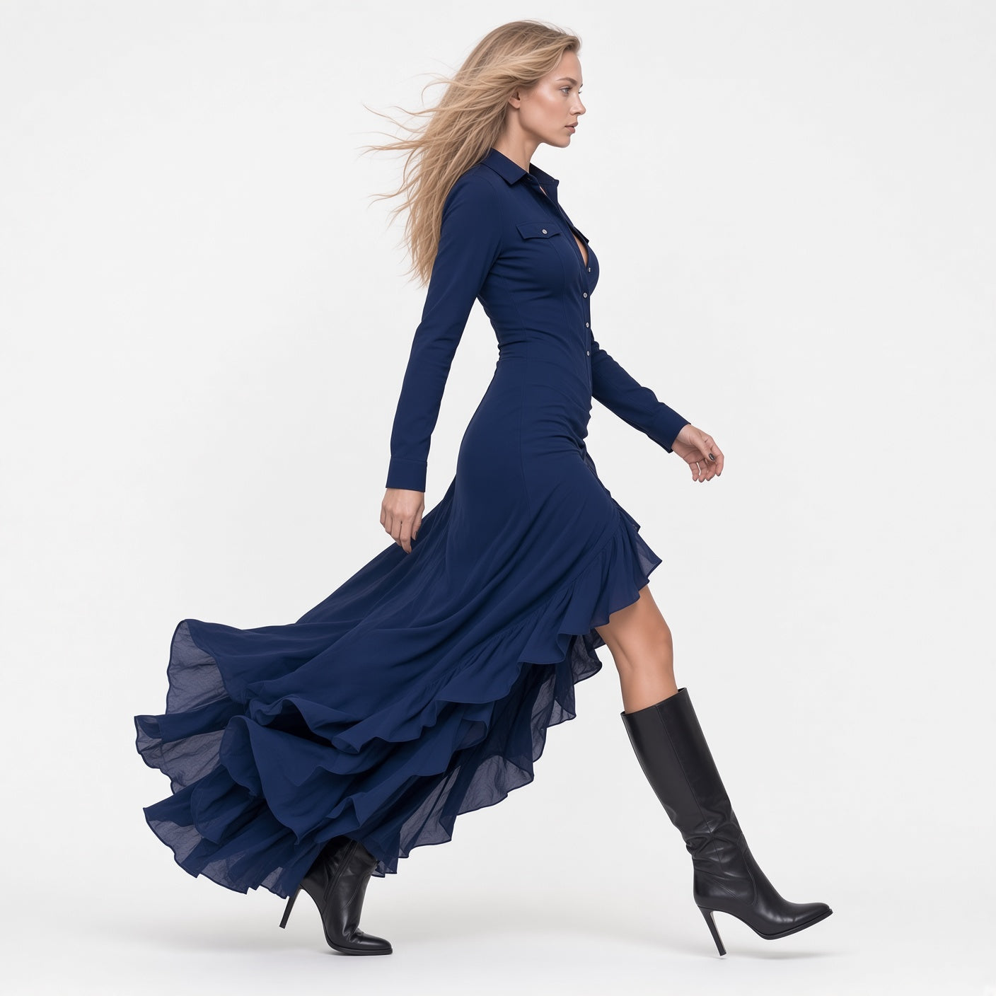 Vestido Elegante Casual Largo Con Abertura Y Cuello Elevado Con Cremallera De Gamuza Moda Mujer En Tendencia