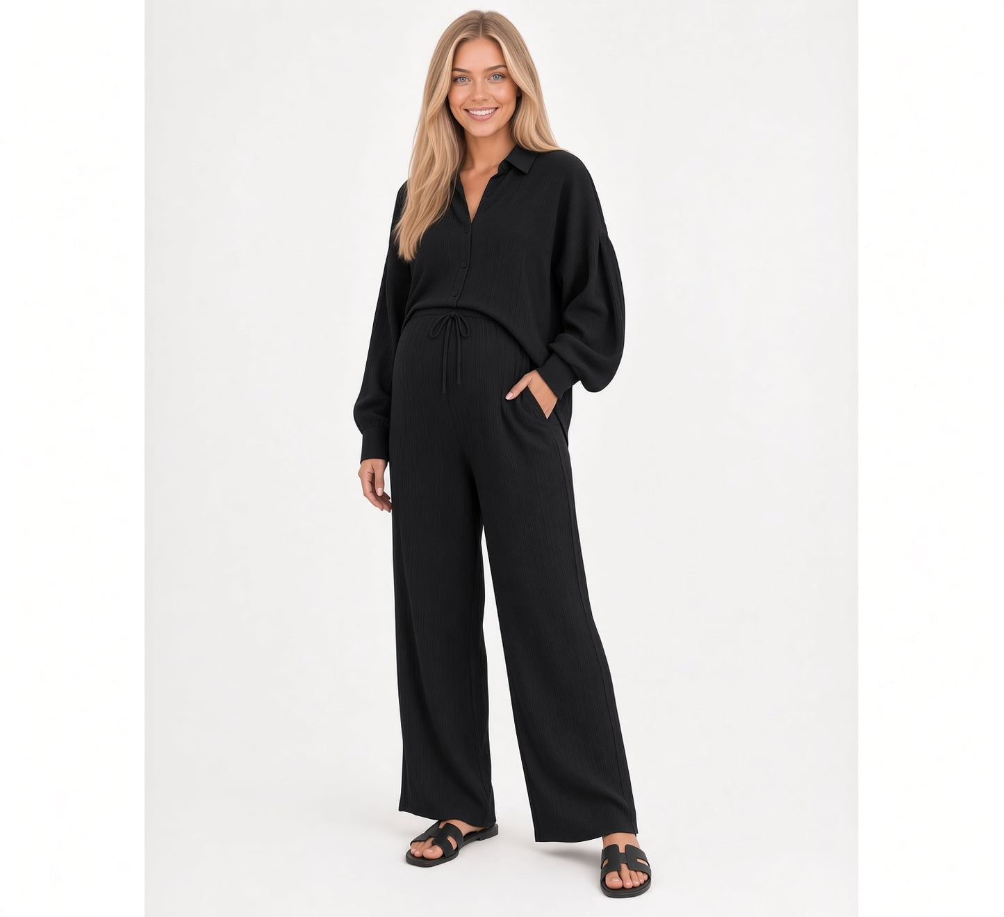 Conjunto Elegante De Camisa Y Pantalón Holgado Pierna Ancha fresco Moda Mujer En Tendencia
