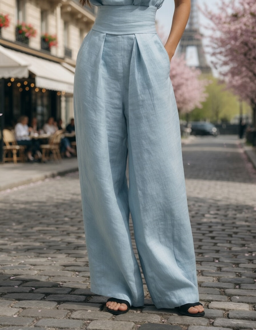 Conjunto de Blusa sin Mangas y Pantalón de Pierna Ancha de Algodón y Lino para Mujer - Estilo Minimalista