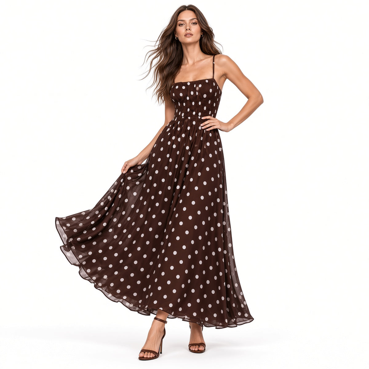 Elegante Vestido Largo Cintura Elástica Estampados Lunares Sin Mangas Moda Mujer En Tendencia