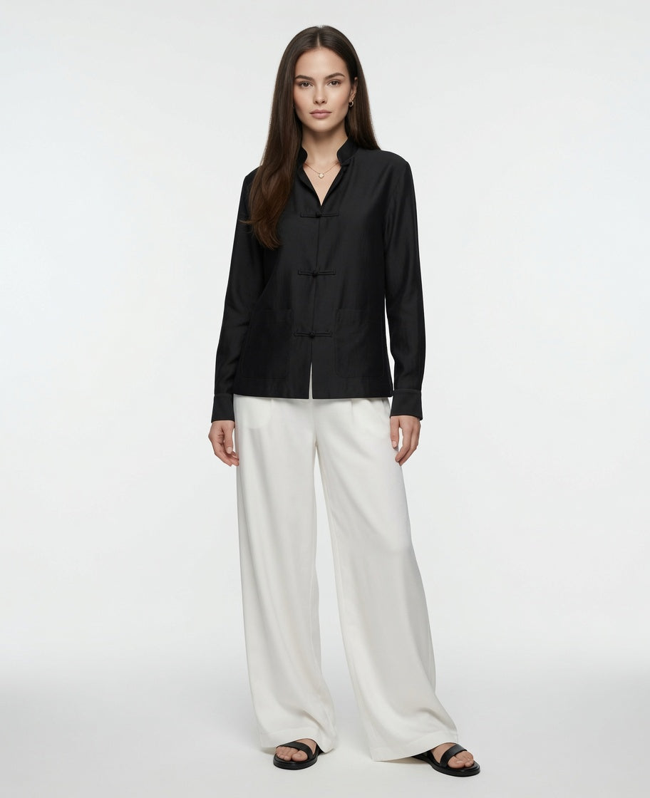 Blusa De Mujer Estilo Chino Cuello Redondo Con Botones Con Nudo De Cuerda Moda Mujer En Tendencia 2 Tonos Mas
