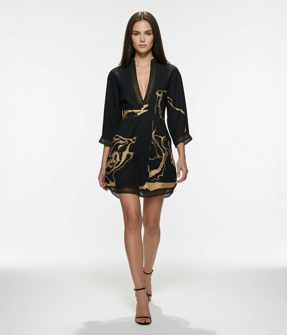 Vestido Corto Elegante Para Evento Con Escote En V Estampado Con Encajes Moda Mujer En Tendencia 3 Tonos Mas