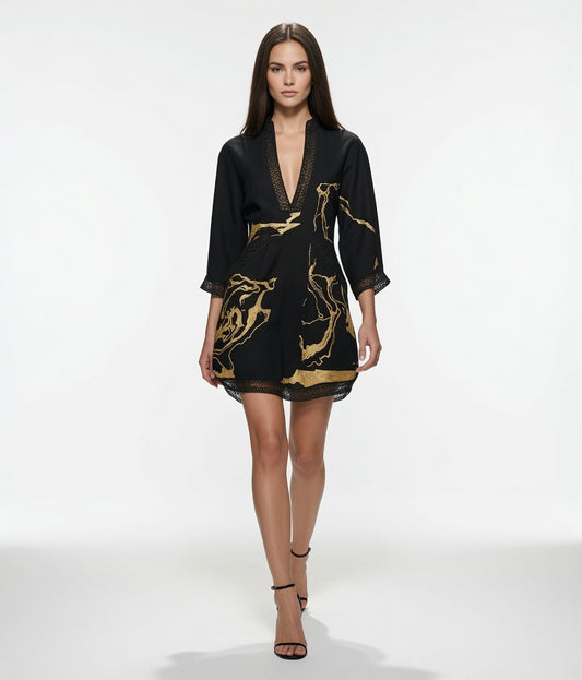 Vestido Corto Elegante Para Evento Con Escote En V Estampado Con Encajes Moda Mujer En Tendencia 3 Tonos Mas