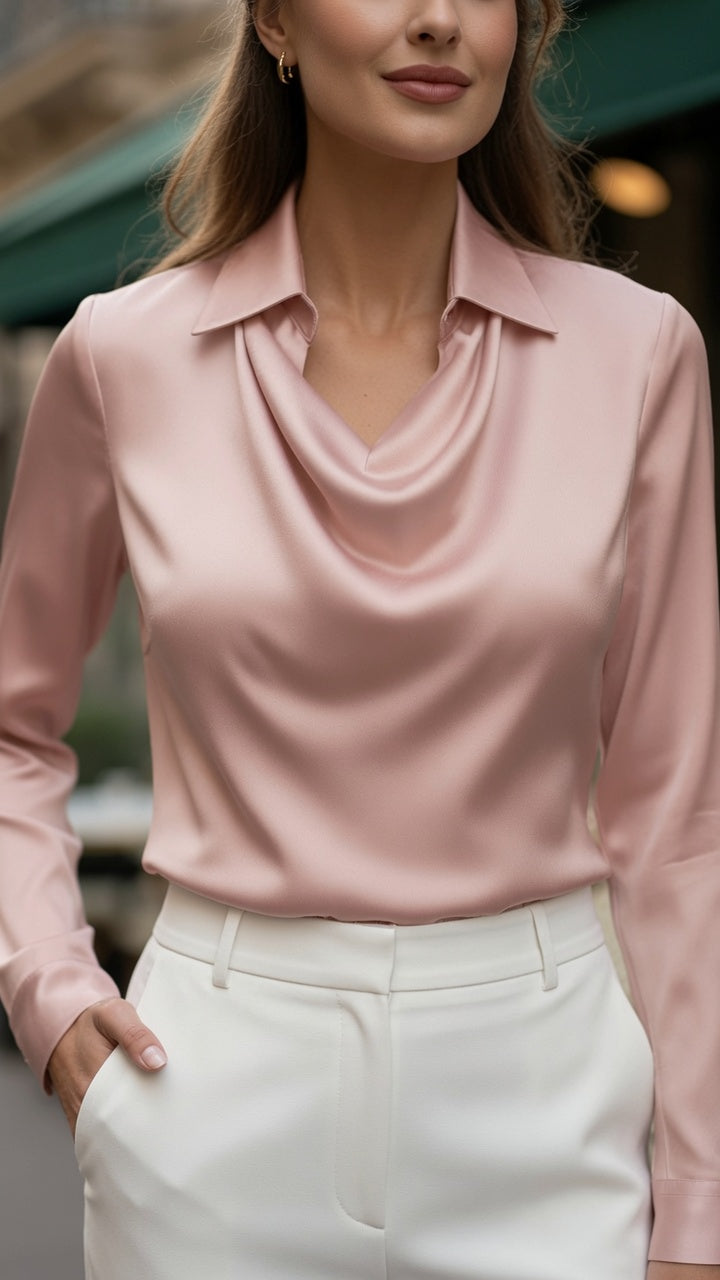 Blusa Elegante De Satén Con Cuello V Manga Larga Moda Mujer En Tendencia 2 Tonos Mas