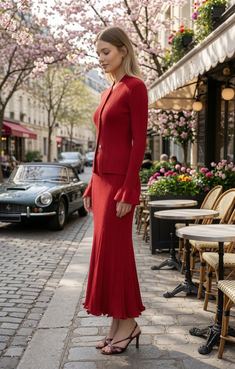 Conjunto Elegante Top Manga Larga y Falda Larga De Punto Con Volantes Moda Mujer En Tendencia