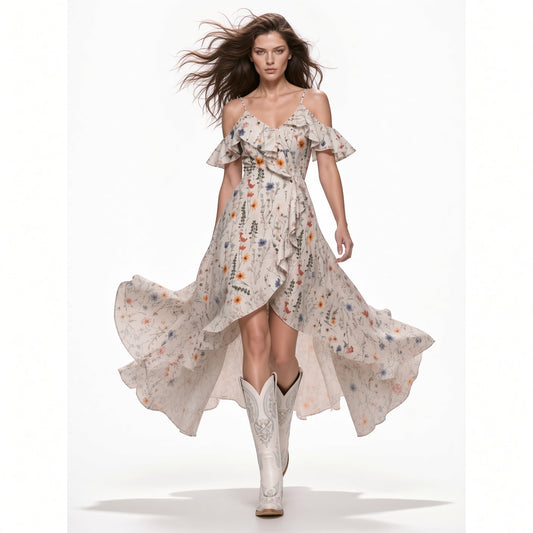 Elegante Vestido Midi Floral Hombros Descubiertos Volantes Cuello V Casual Moda Mujer En tendencia