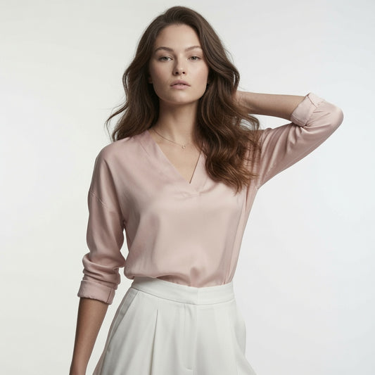 Blusa Con Cuello V En Satén Manga Corta Casual Formal 1 Color Mas.