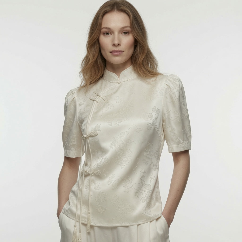 Elegante Blusa Estilo Chino Manga Corta Botones De Rana Top Casual Moda Mujer En Tendencia