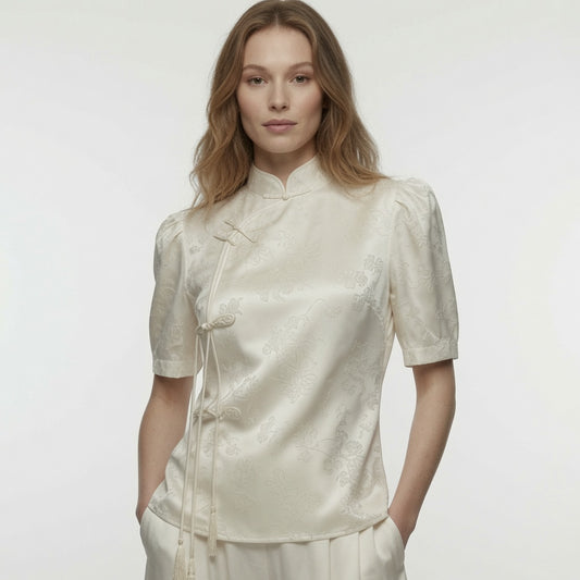Elegante Blusa Estilo Chino Manga Corta Botones De Rana Top Casual Moda Mujer En Tendencia