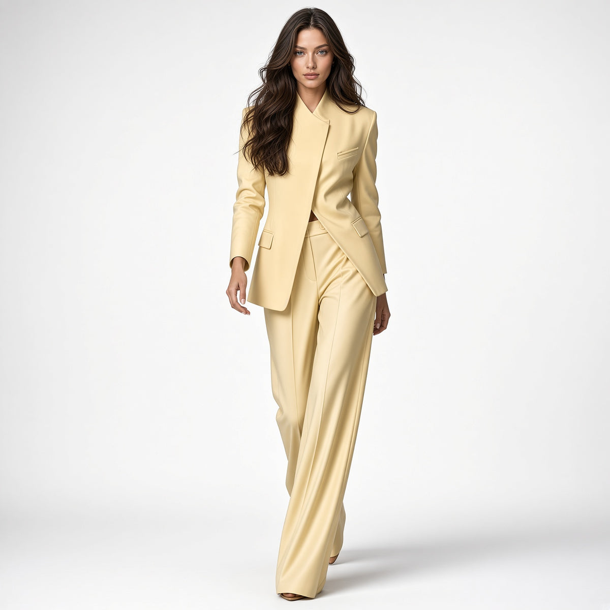Conjunto Sastre Para Mujer Con Cuello Blazer Entallado y Pantalón Pierna Ancha Moda Mujer En Tendencia