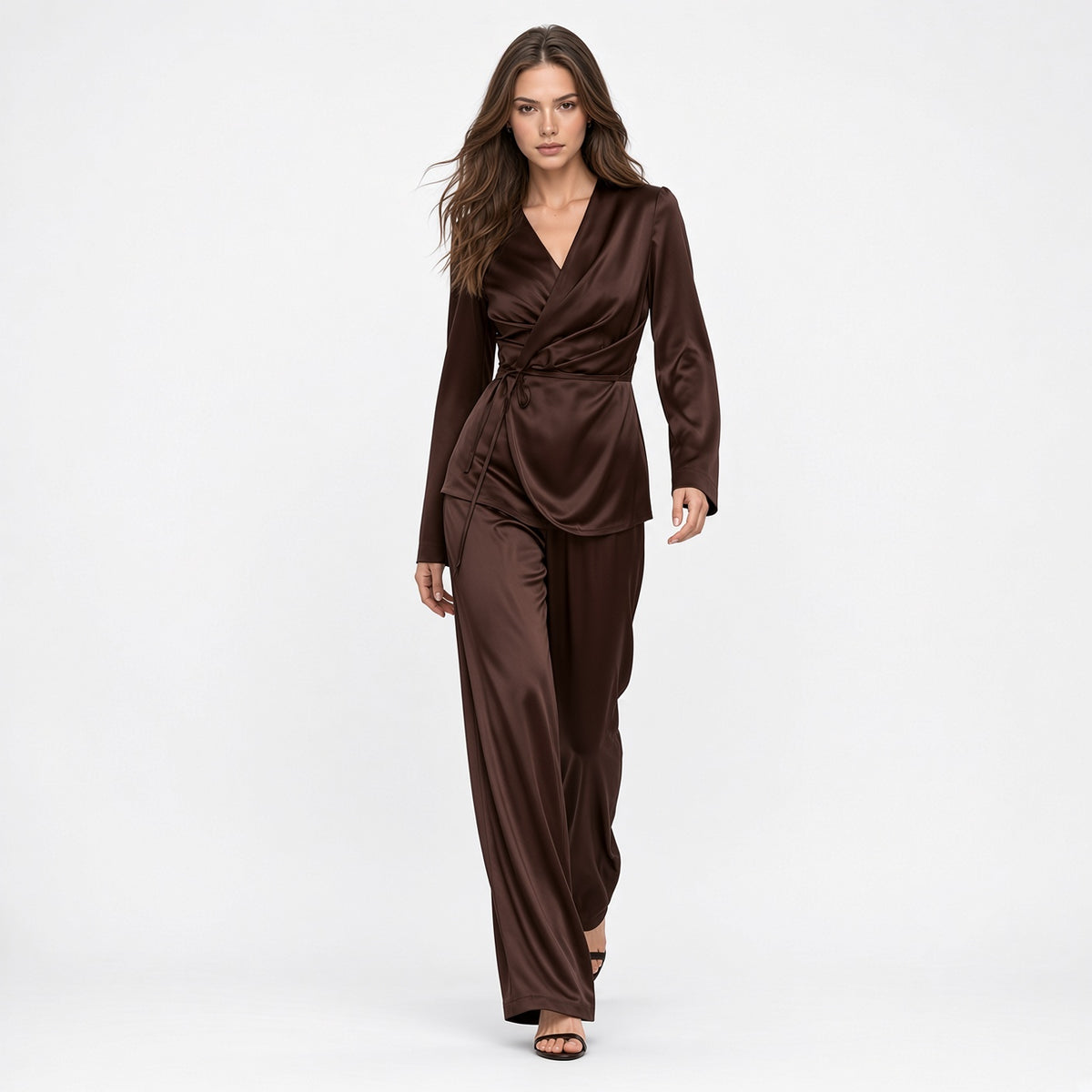 Elegante Conjunto Traje De Pantalón Ancho Blusa Manga Larga De Satén Cuello V Moda Mujer En Tendencia