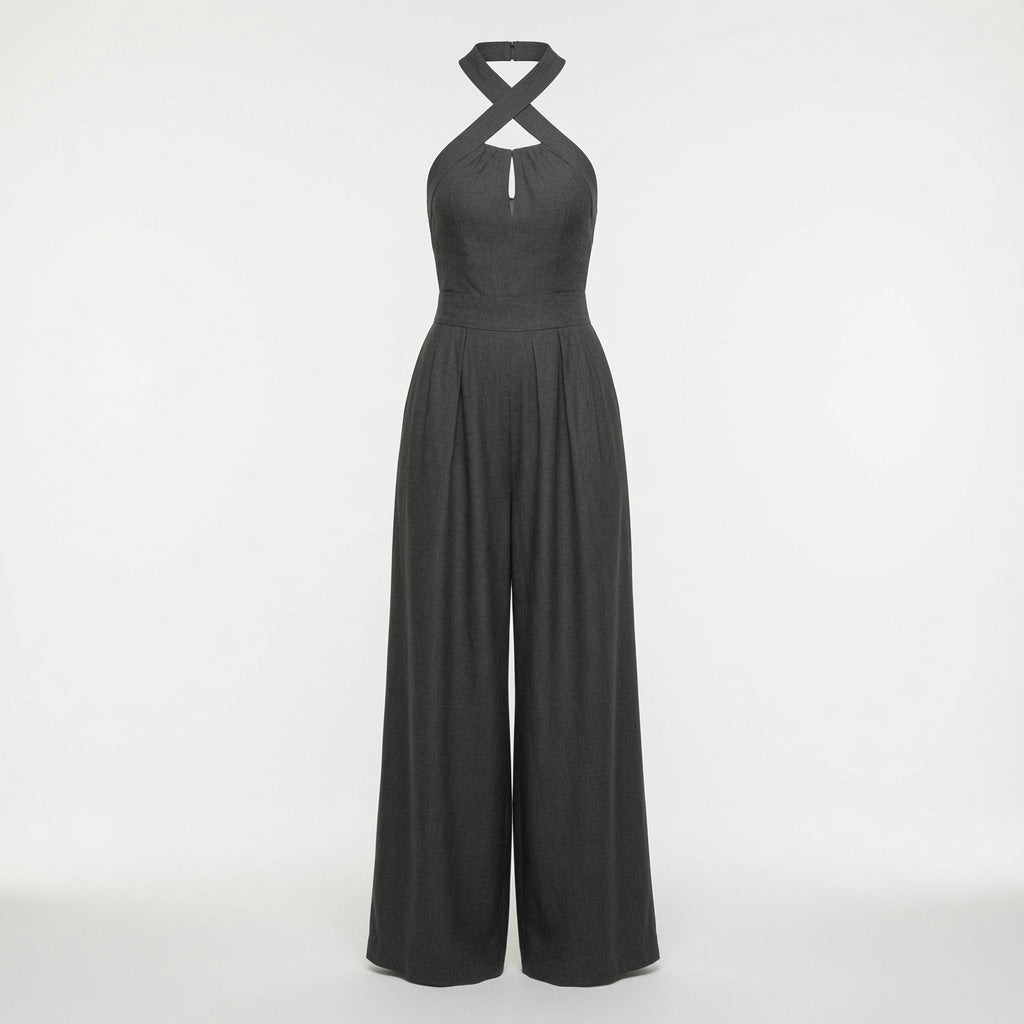 Elegante Mono Color Liso Con Cuello Halter Holgado en Pierna Moda Mujer En tendencia 3 Tonos Mas