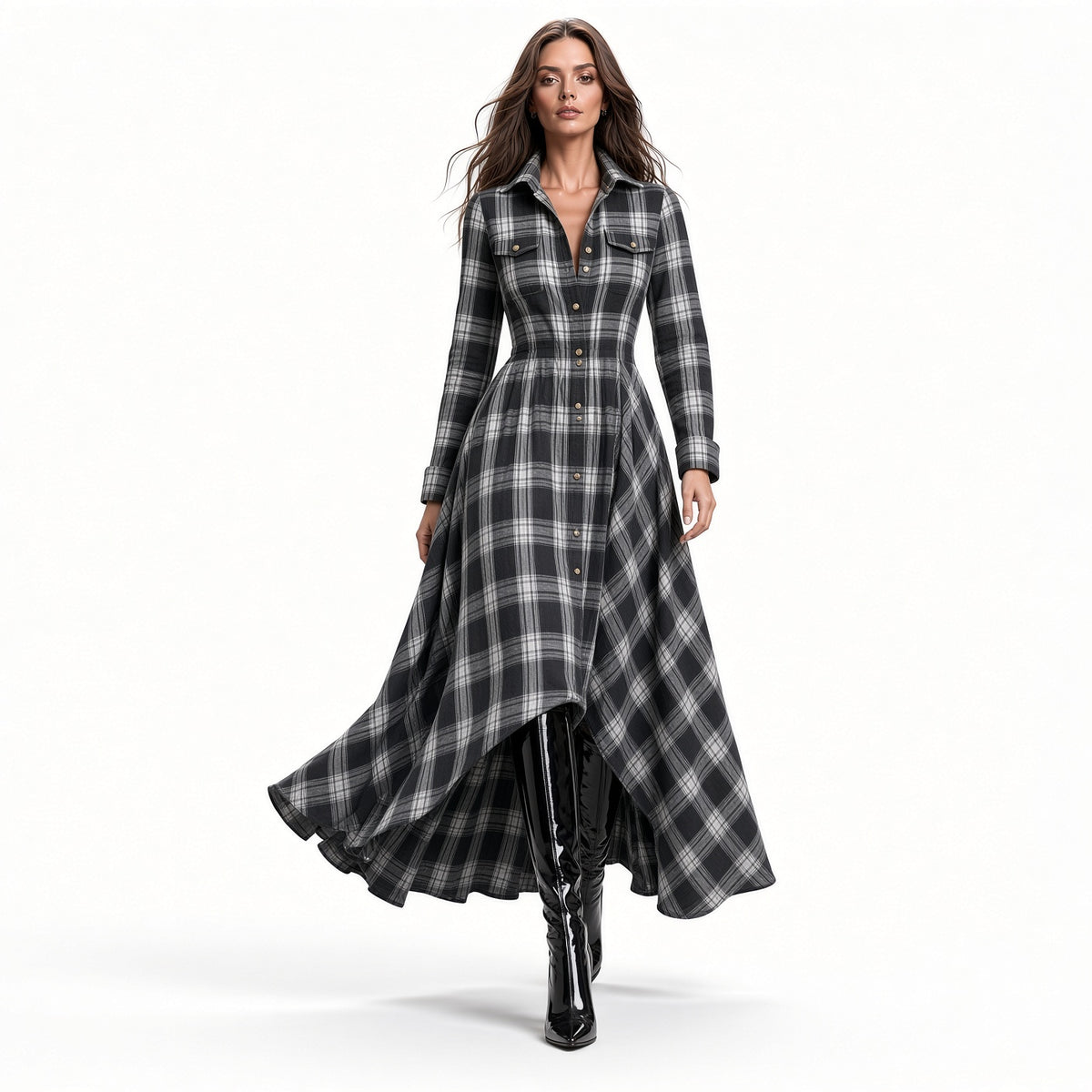 Elegante Vestido Largo Holgado Con Estampado De Cuadros Vintage Botones De Solapa Manga Larga Moda Mujer En Tendencia