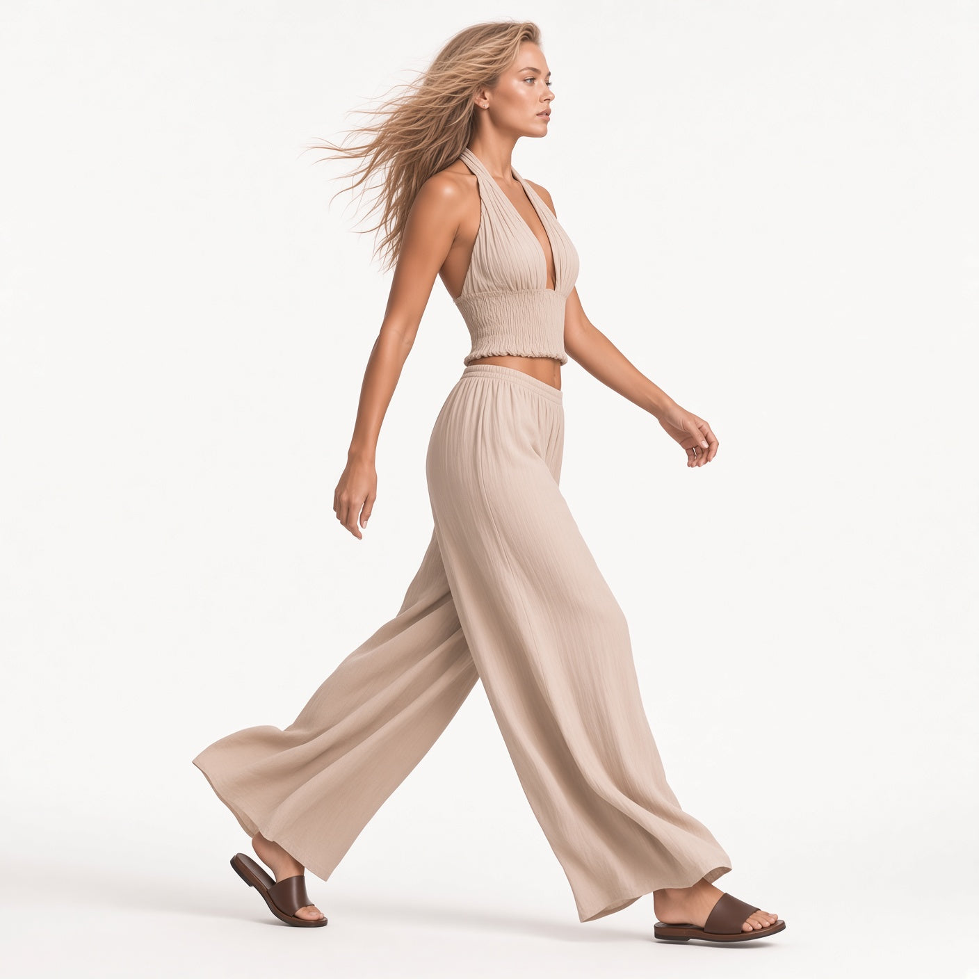 Conjunto Elegante Casual Estilo Boho Cuello Halter y Aventuras Pantalones Holgados Cintura Elástica Moda Mujer En Tendencia