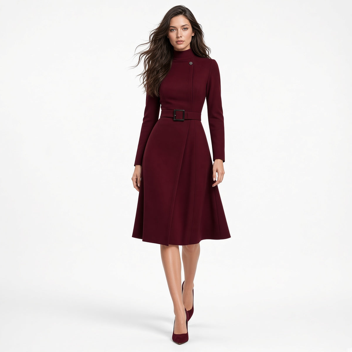 Vestido Elegante Cuello Alto Cintura Alta Casual Formal Color Solido Moda Mujer En Tendencia