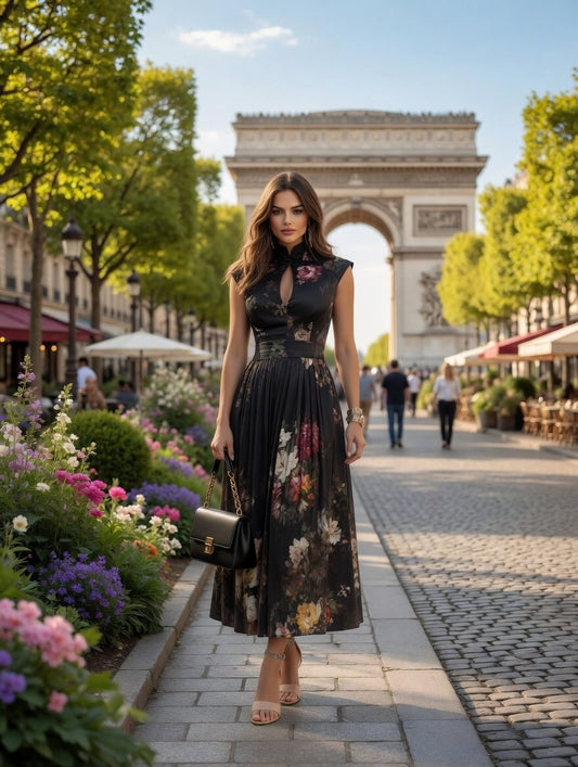 Vestido Midi Largo Negro con Collar en Tendencia
