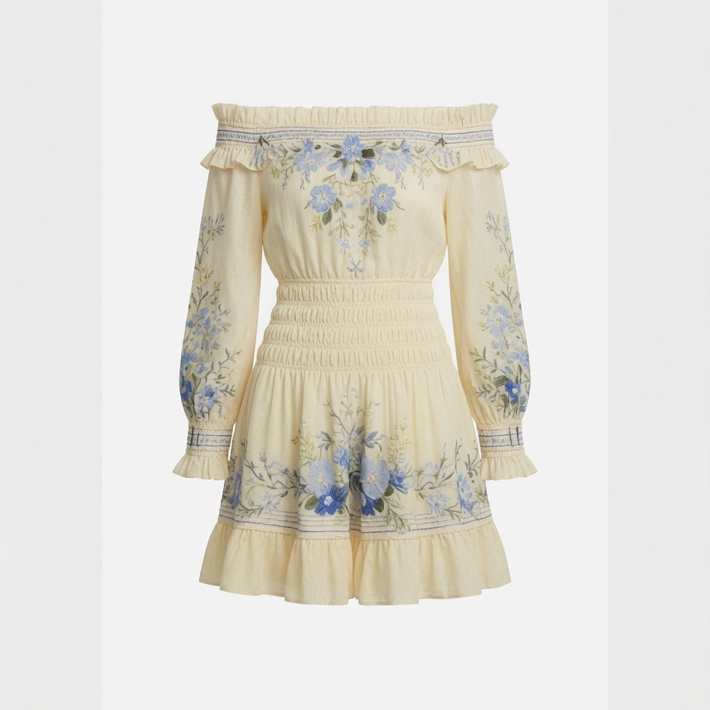Vestido Elegante Corto Con Manga Larga Con Cuello Descubierto Con Estampado Floral Moda Mujer En Tendencia