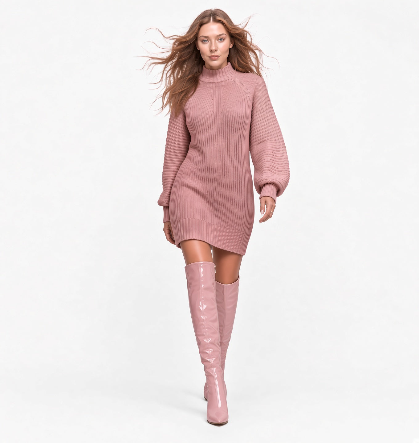Vestido Suéter Elegante Casual De Punto Manga Larga Cuello Alto Moda Mujer En Tendencia