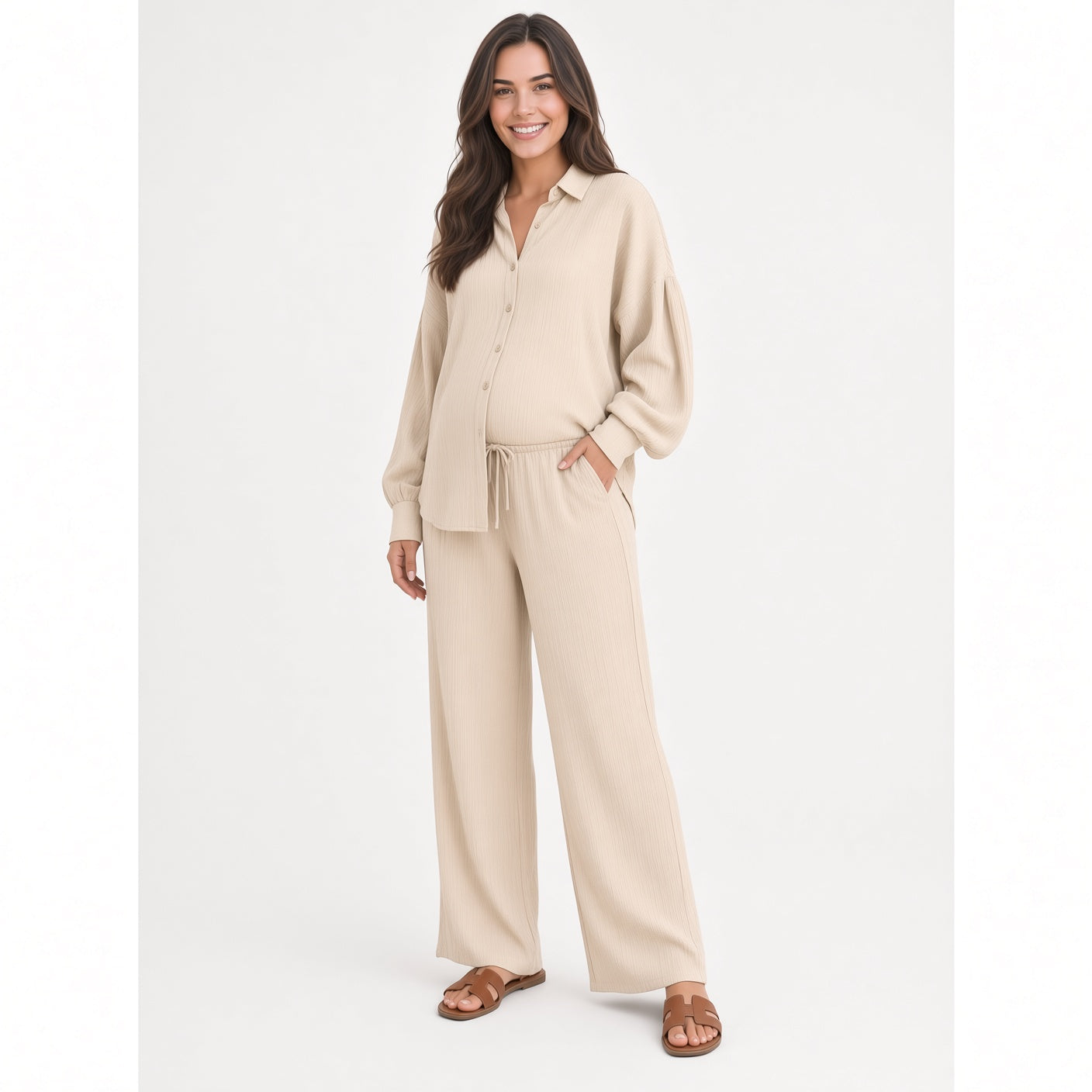 Conjunto De Dos Piezas Camisa Maga Larga Con Botones y Pantalón Pierna Ancha Holgado Fresco Moda Mujer En tendencia