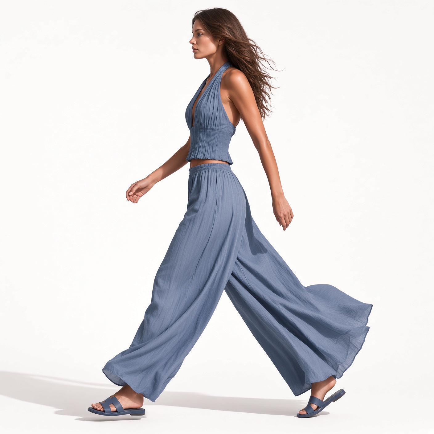 Conjunto Elegante Casual Estilo Boho Cuello Halter y Aberturas, Pantalones Holgados Cintura Elástica Moda Mujer En Tendencia