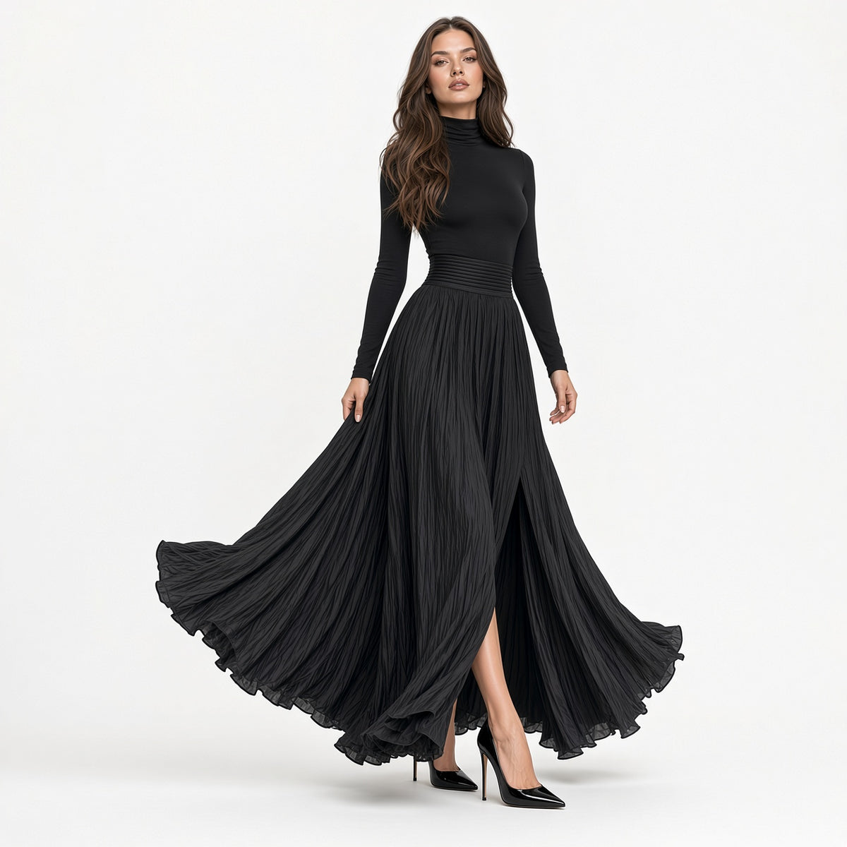 Conjunto Elegante De Jersey Manga Larga De Cuello Alto Y Falda Larga Casual Formal Moda Mujer En Tendencia