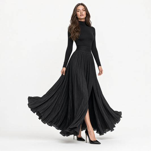 Conjunto Elegante De Jersey Manga Larga De Cuello Alto Y Falda Larga Casual Formal Moda Mujer En Tendencia