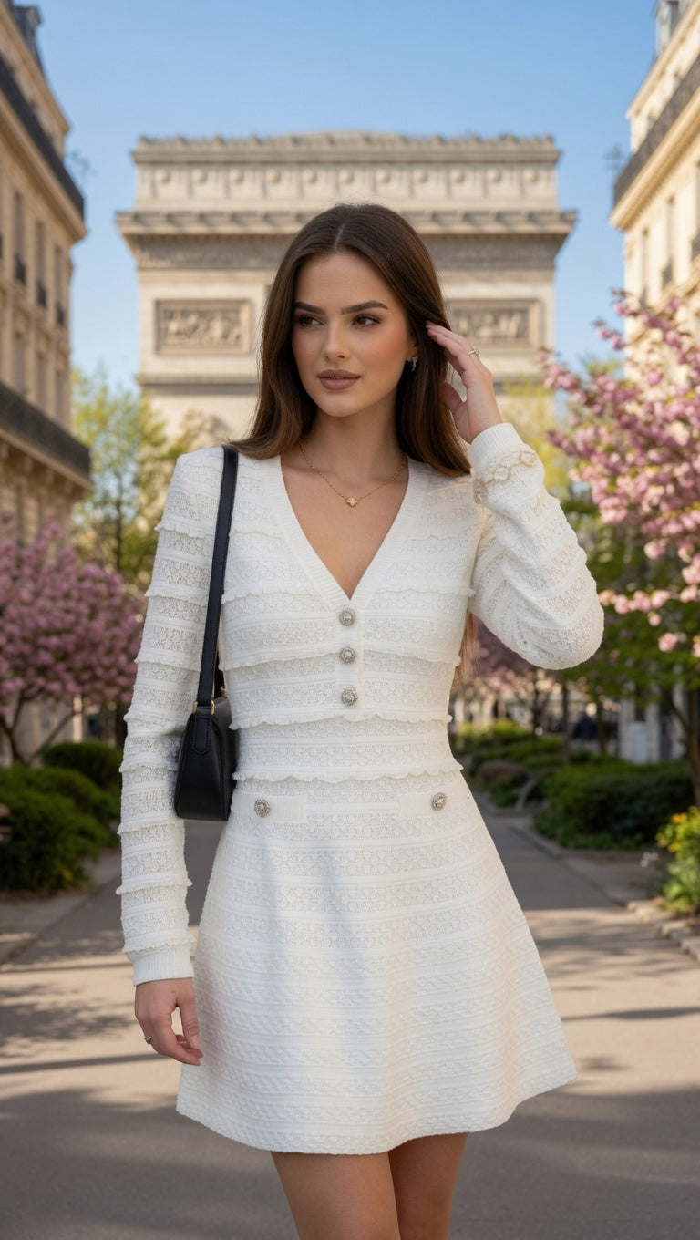 Vestido Elegante  De Punto En Cuello V Con Encaje En Manga Larga Moda Mujer En tendencia.