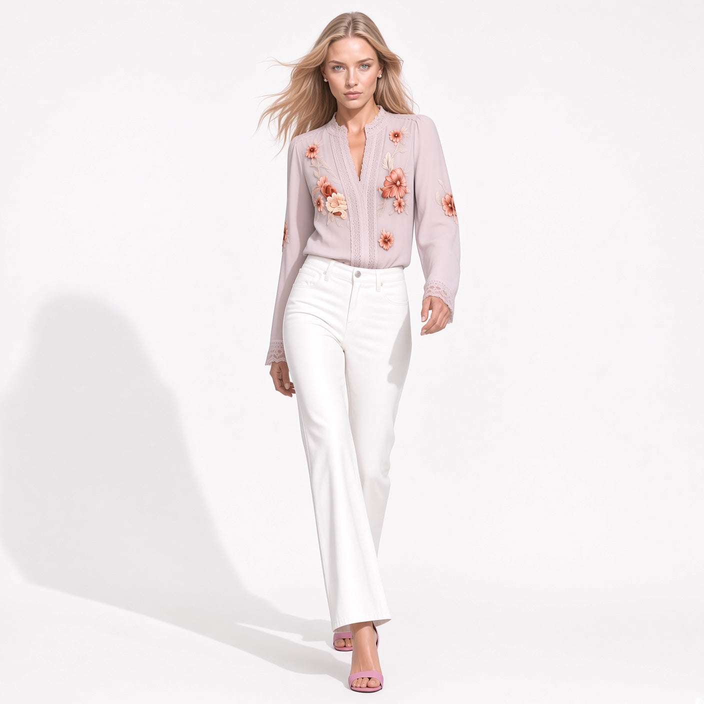 Elegante Blusa Casual Manga Larga Cuello V Estampado Floral Moda Mujer En Tendencia