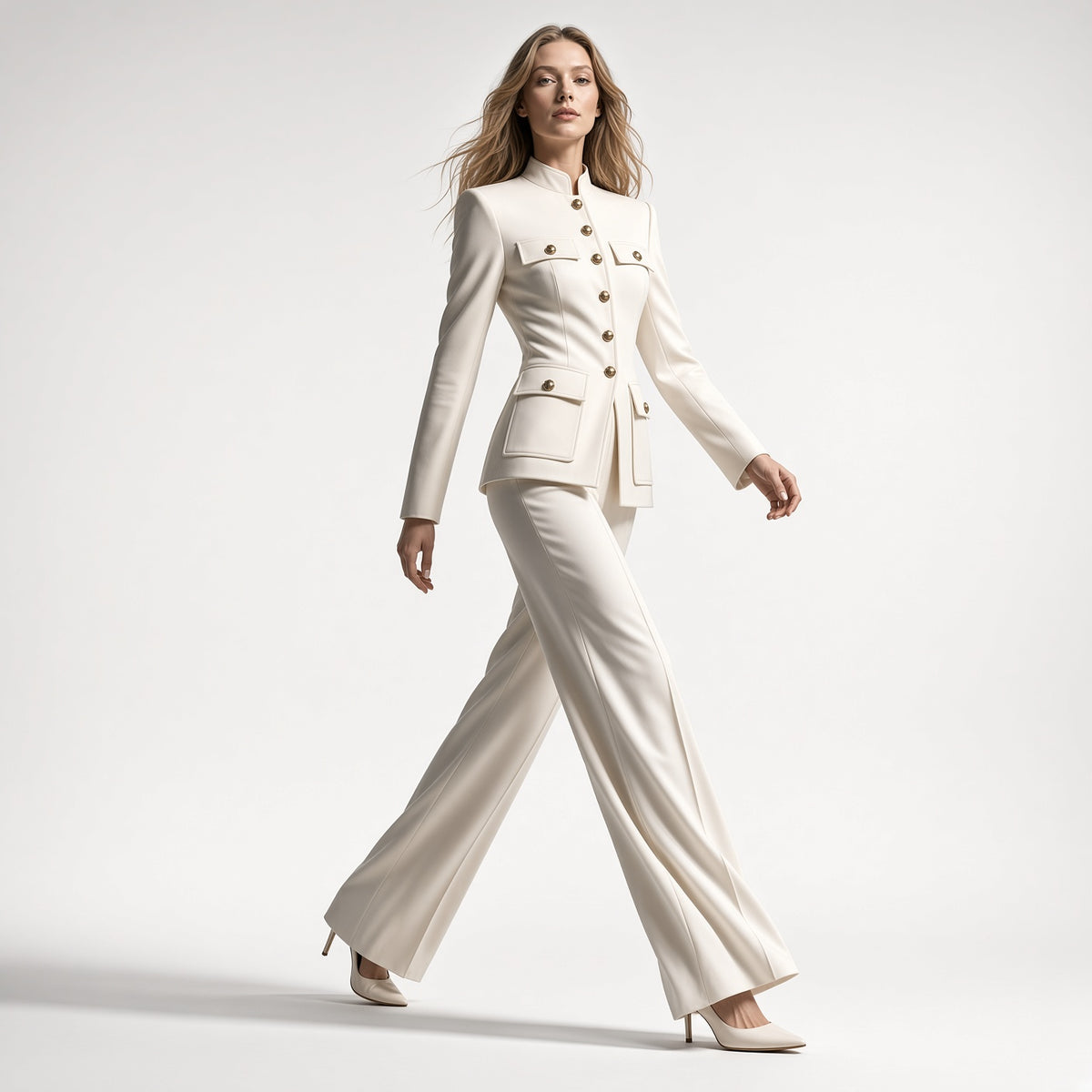 Elegante Tipo Traje Conjunto 2 Piezas Chaqueta De Manga Larga  Cuello Alto Pantalón Recto Casual Moda Mujer En Tendencia
