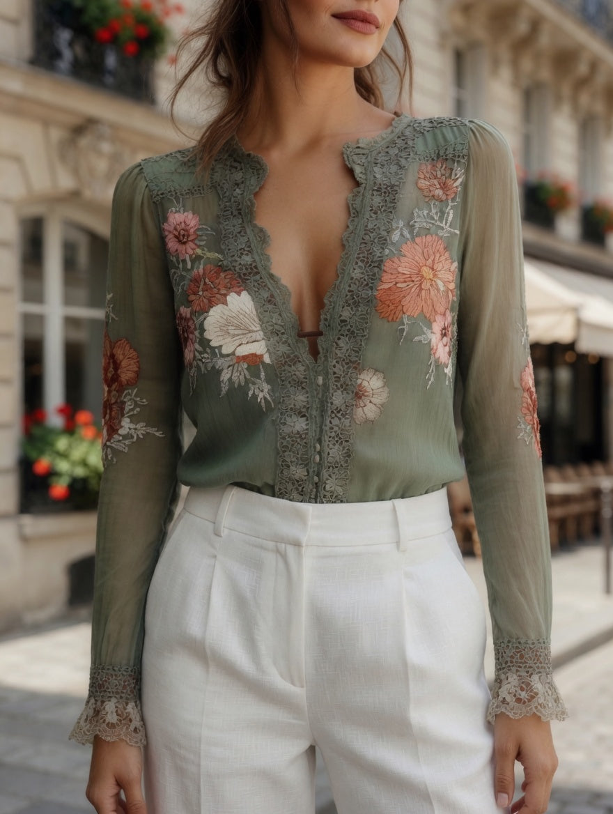 Blusa Casual Formal Elegante De Encaje Con Estampado Floral En Tendencia.