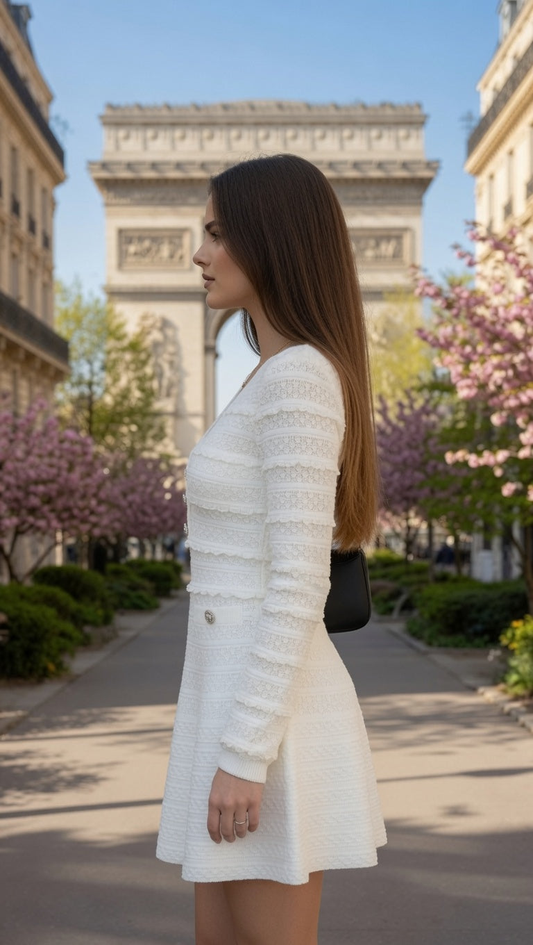 Vestido Elegante  De Punto En Cuello V Con Encaje En Manga Larga Moda Mujer En tendencia.