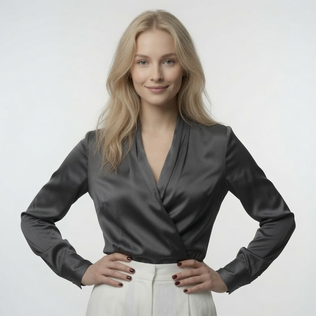 Top Elegante De Satén Con Cuello V En Manga Larga Casual Formal Moda Mujer En Tendencia 2 Tonos Mas 2 Tonos Mas