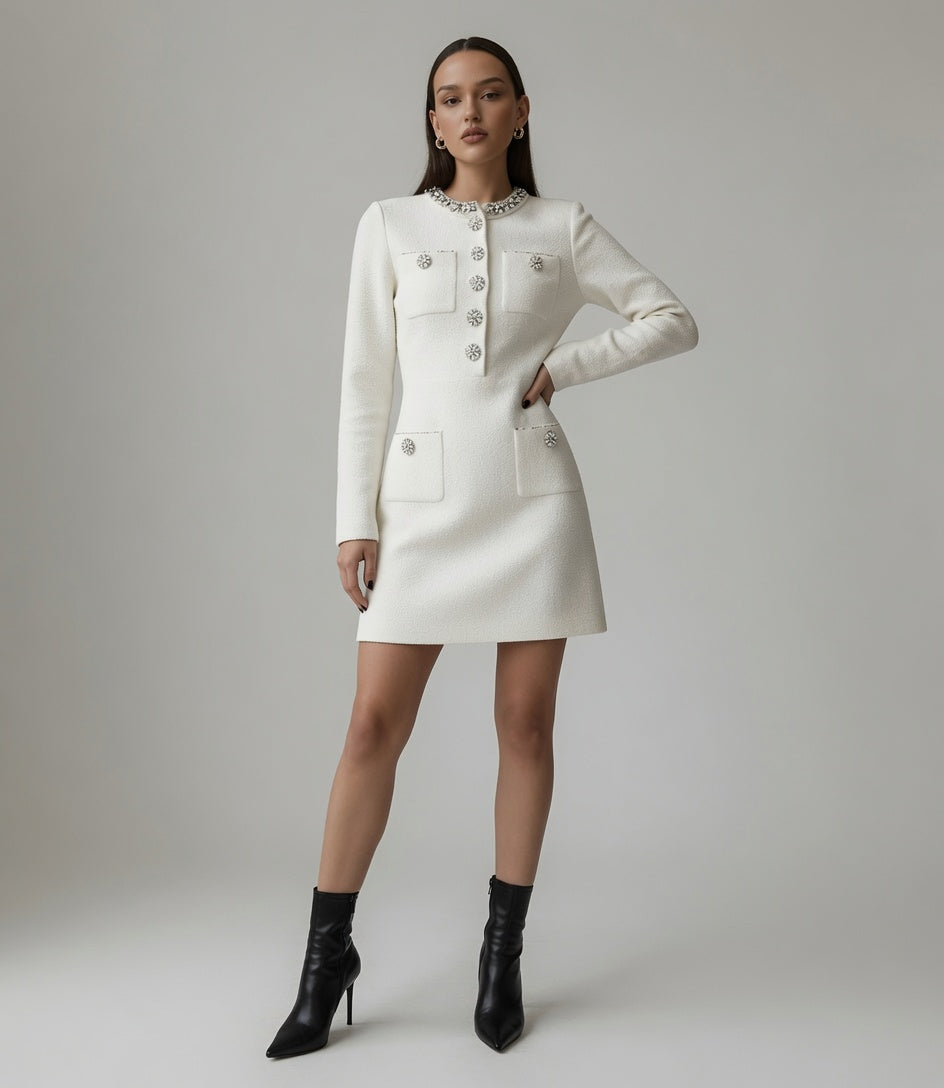 Vestido Elegante Midi Corto Punto Blanco Midi Casual Formal Moda Mujer En Tendencia