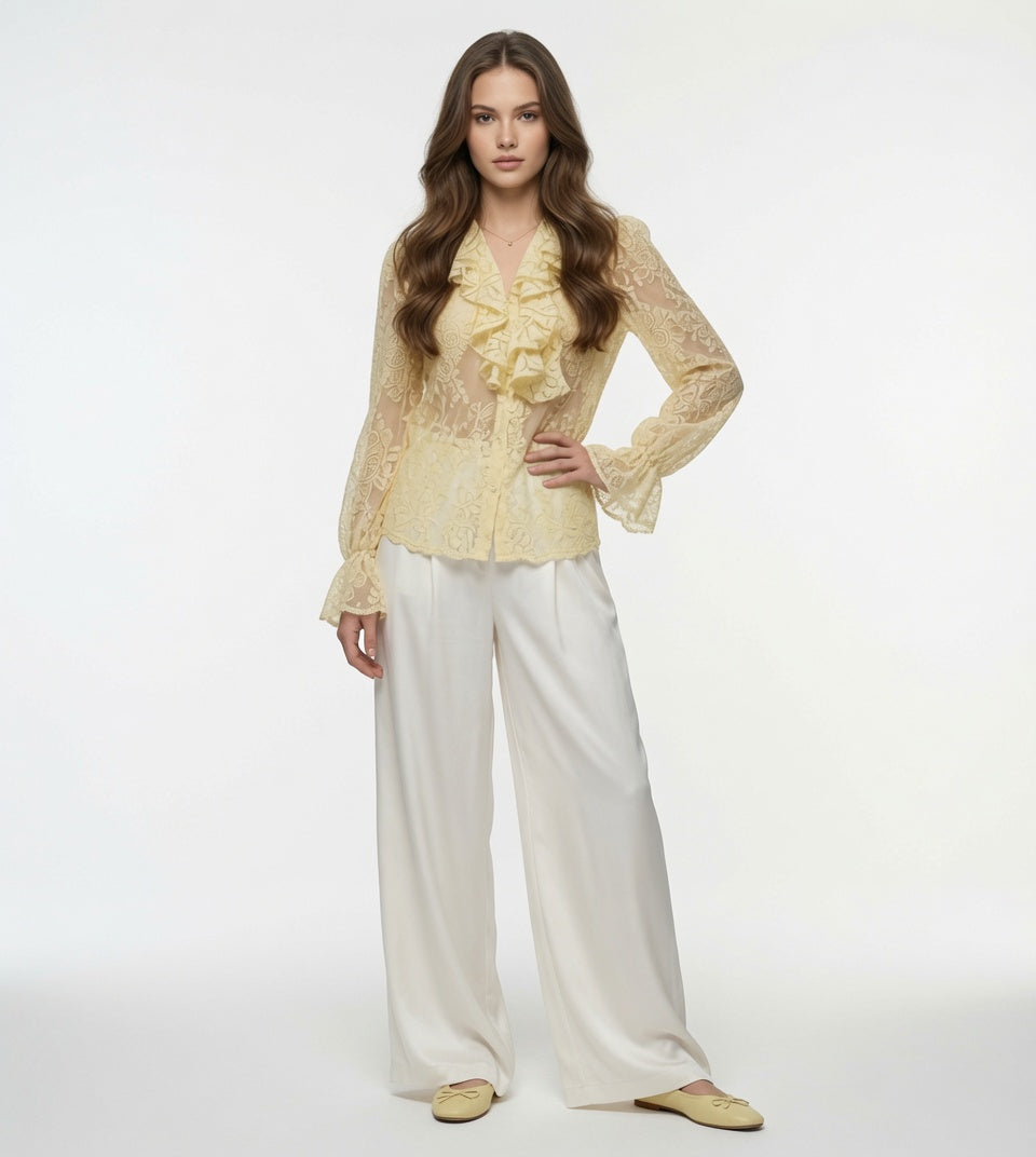 Blusa Elegante Casual Formal Manga Larga Con Bordado y Volantes Moda Mujer En Tendencia Un Tono Mas.