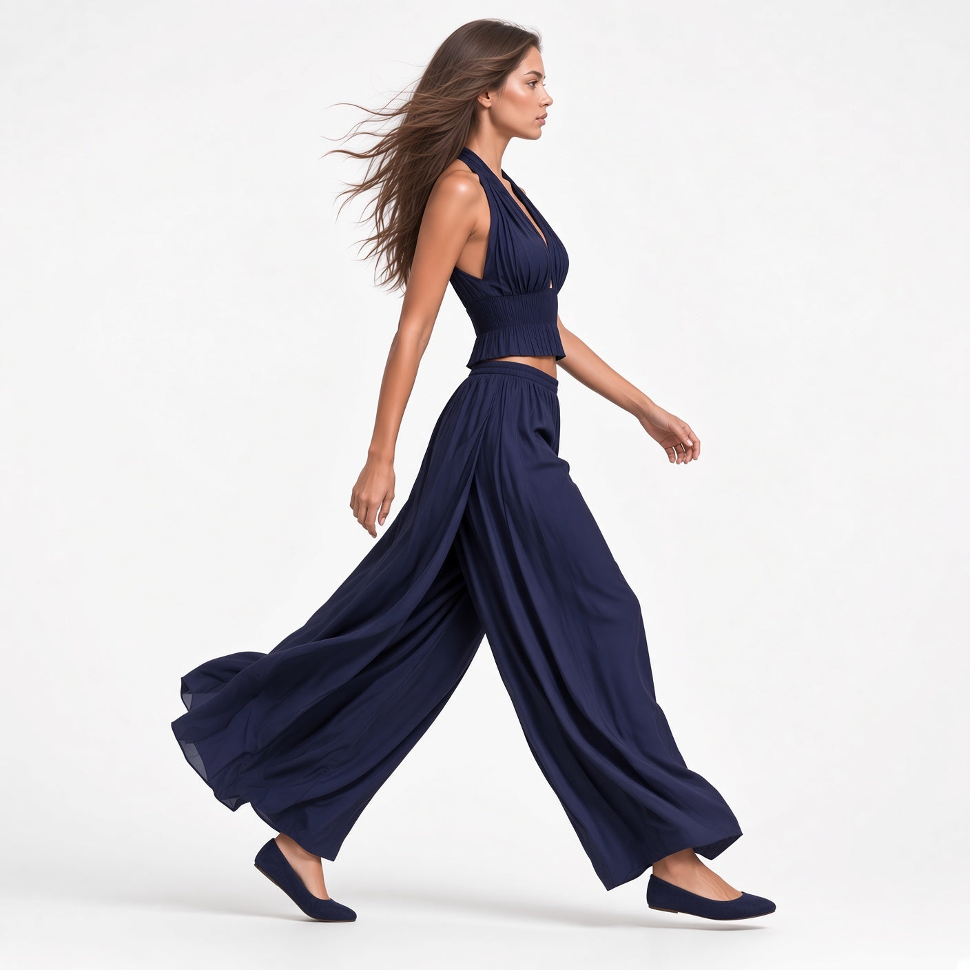 Conjunto Elegante Casual Estilo Boho Cuello Halter Y Aberturas Pantalones Holgados Cintura Elástica Moda Mujer En Tendencia