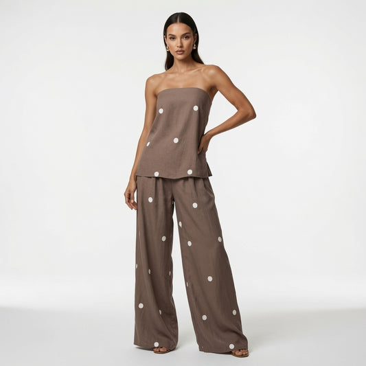 Conjunto Elegante Top Con Tirantes y Pantalón De Pierna Ancho Tipo Mediterráneo Moda Mujer En Tendencia
