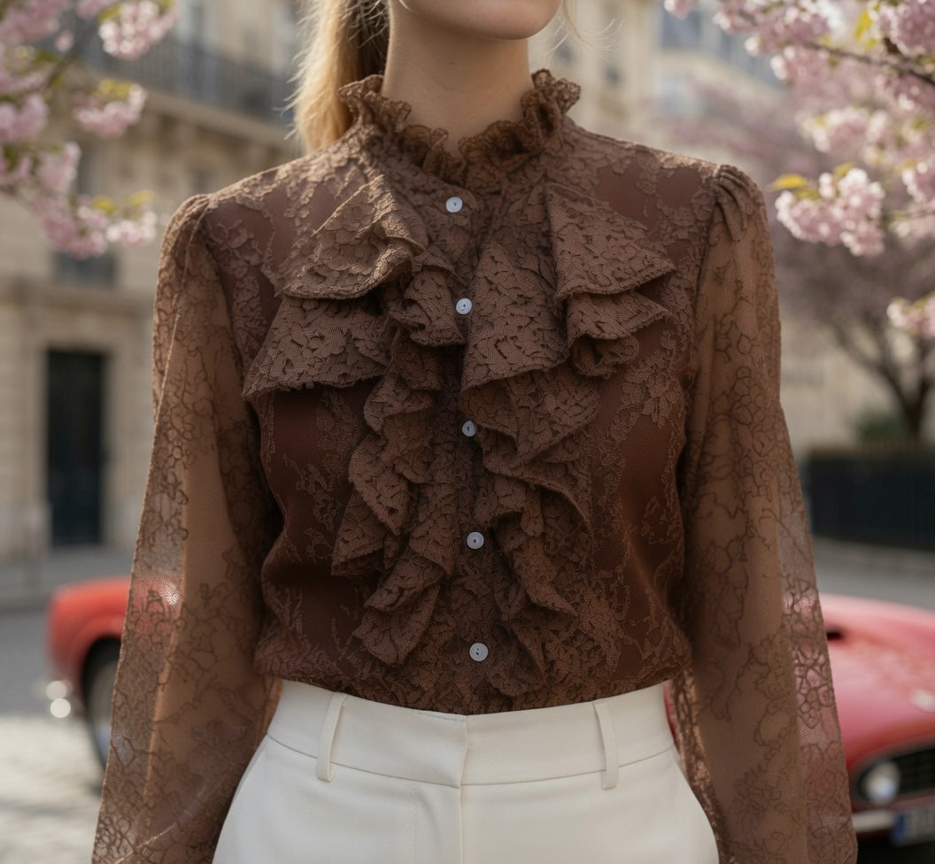 Blusa Elegante Casual Formal Manga Larga, Bordado y Volantes Moda En Tendencia Mujer, Un Tono Mas.