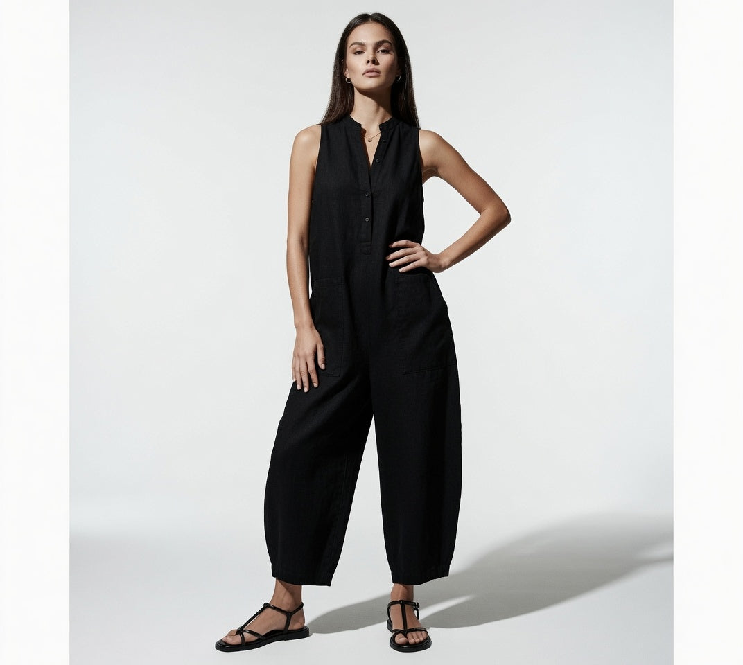 Elegante Mono Casual en Color Liso Holgado Pierna Ancha Sin Mangas Cuello Alto Con Botones Moda Mujer En Tendencia 4 Tonos Mas