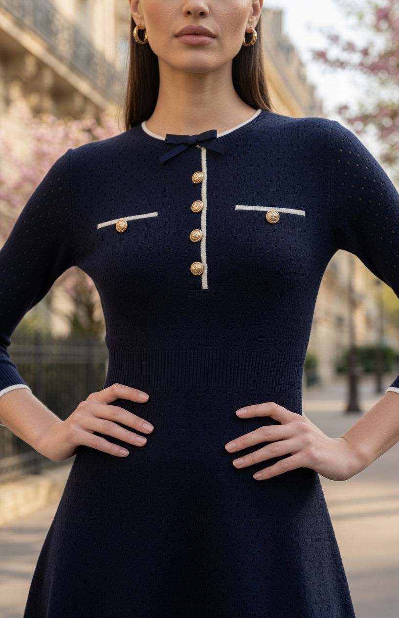 Vestido Elegante Midi De Punto Con Lazo de Mariposa Manga Larga Moda Mujer En Tendencia.