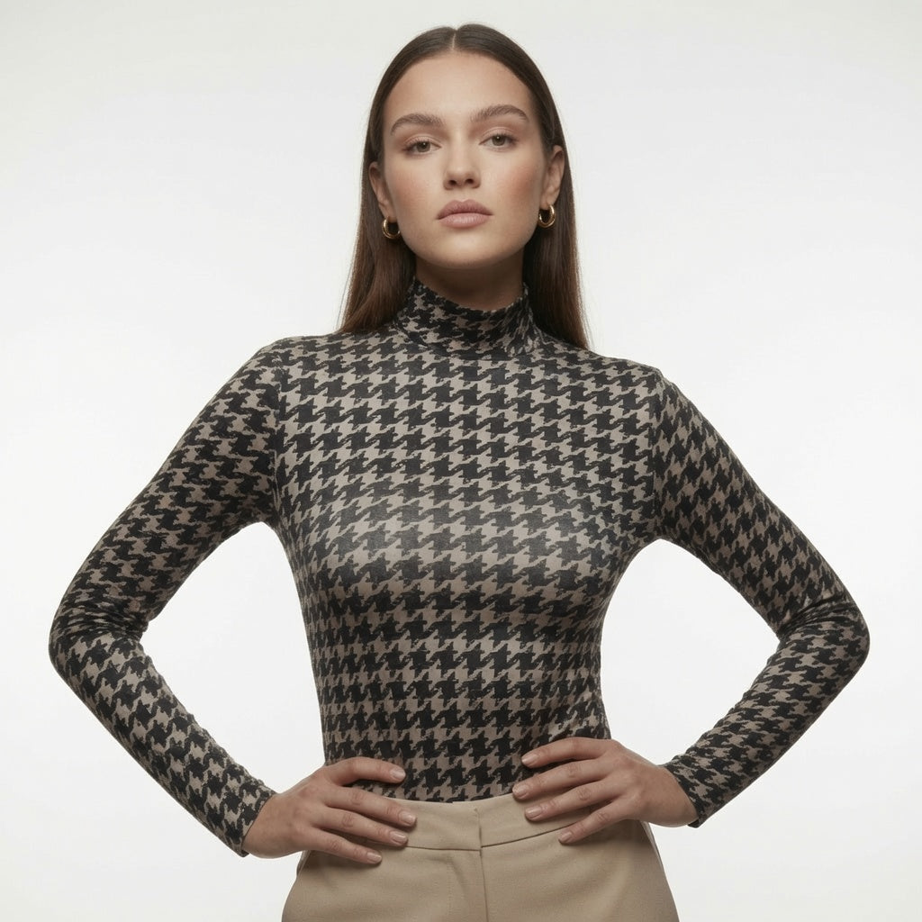 Camisa Suéter Elegante de Cuadros De Punto de Cuello Alto Moda Mujer En Tendencia