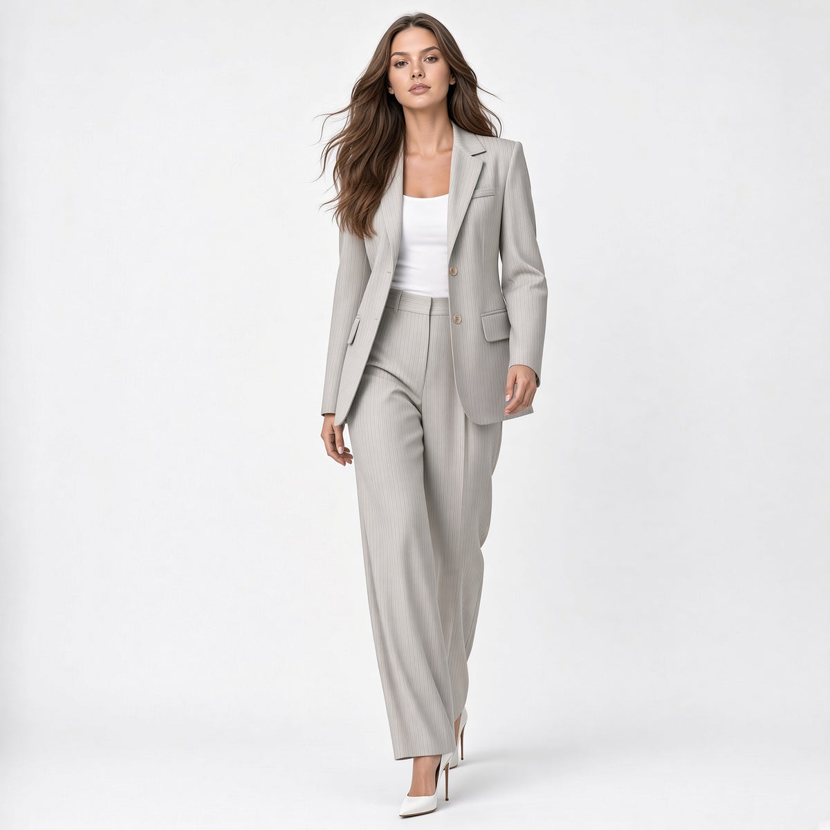 Conjunto Elegante De Traje Diseño De Rayas Estilo Holgado Blazers Elegante Manga Larga Con Abertura En Espalda Pantalón Ancho Cintura Alta Moda Mujer En Tendencia