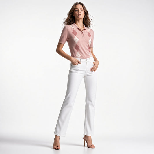 Elegante camiseta Tipo Polo De Punto De Manga Larga Con Bloques De Color Y Cuello V  Moda Mujer En Tendencia
