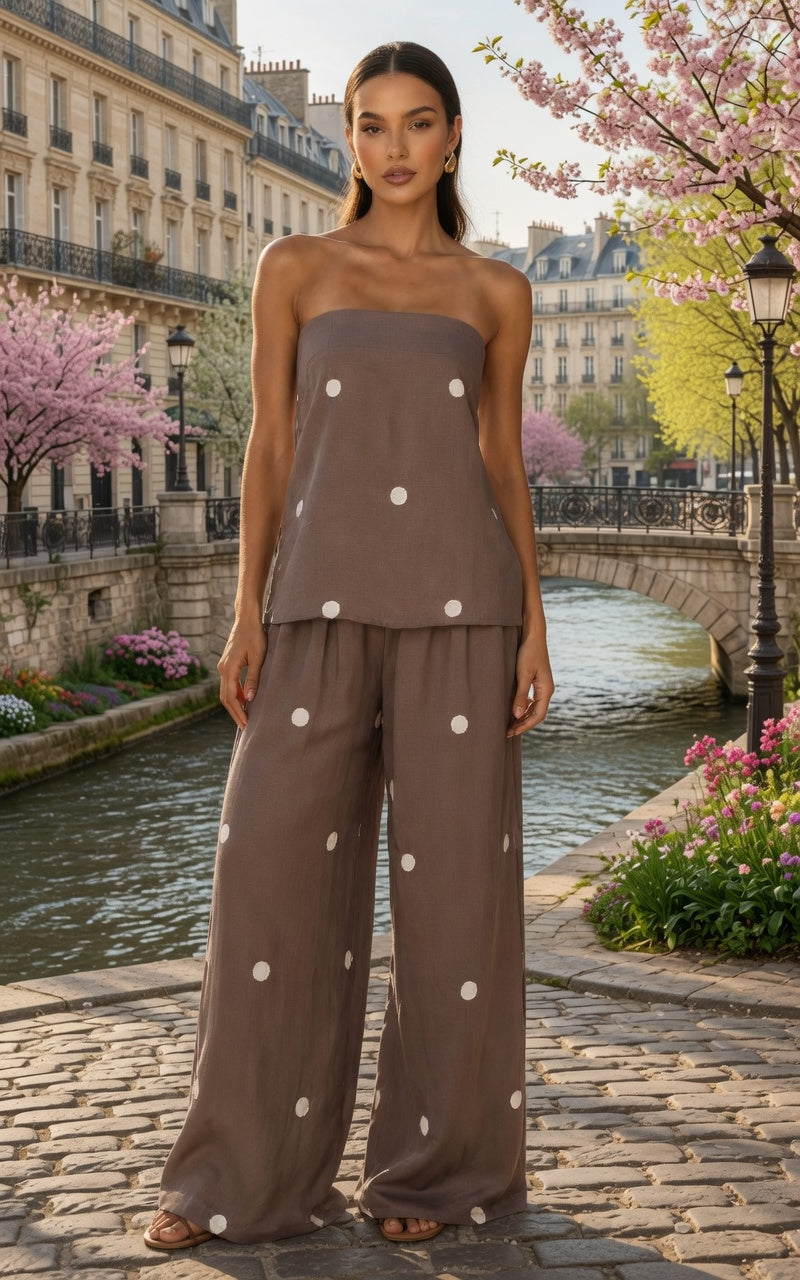 Conjunto Elegante Top Con Tirantes y Pantalón De Pierna Ancho Tipo Mediterráneo Moda Mujer En Tendencia