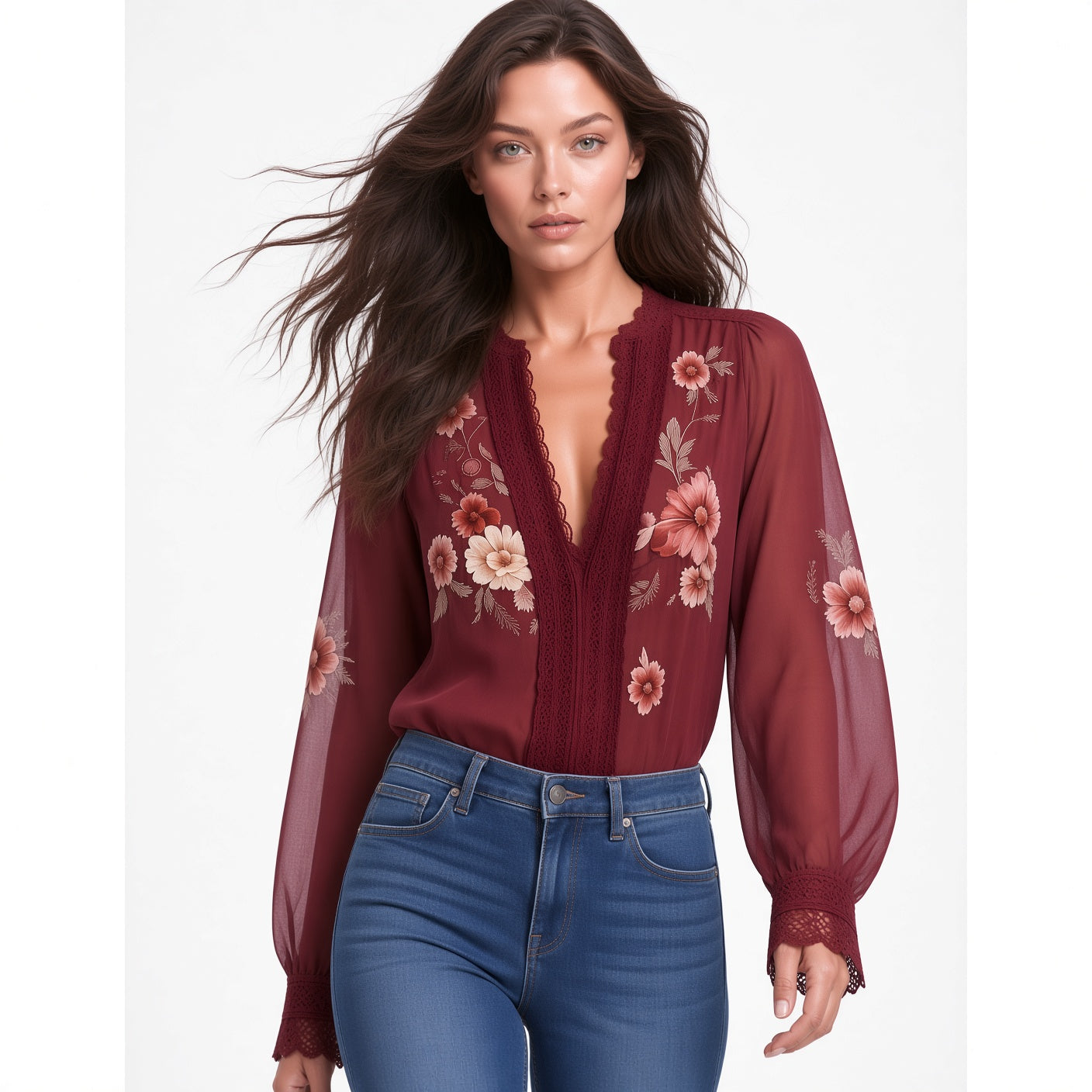 Elegante Blusa Casual Manga Larga Cuello V Estampado Floral Moda Mujer En Tendencia